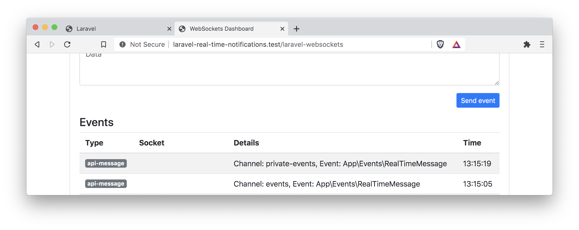 laravel real time debug private channel