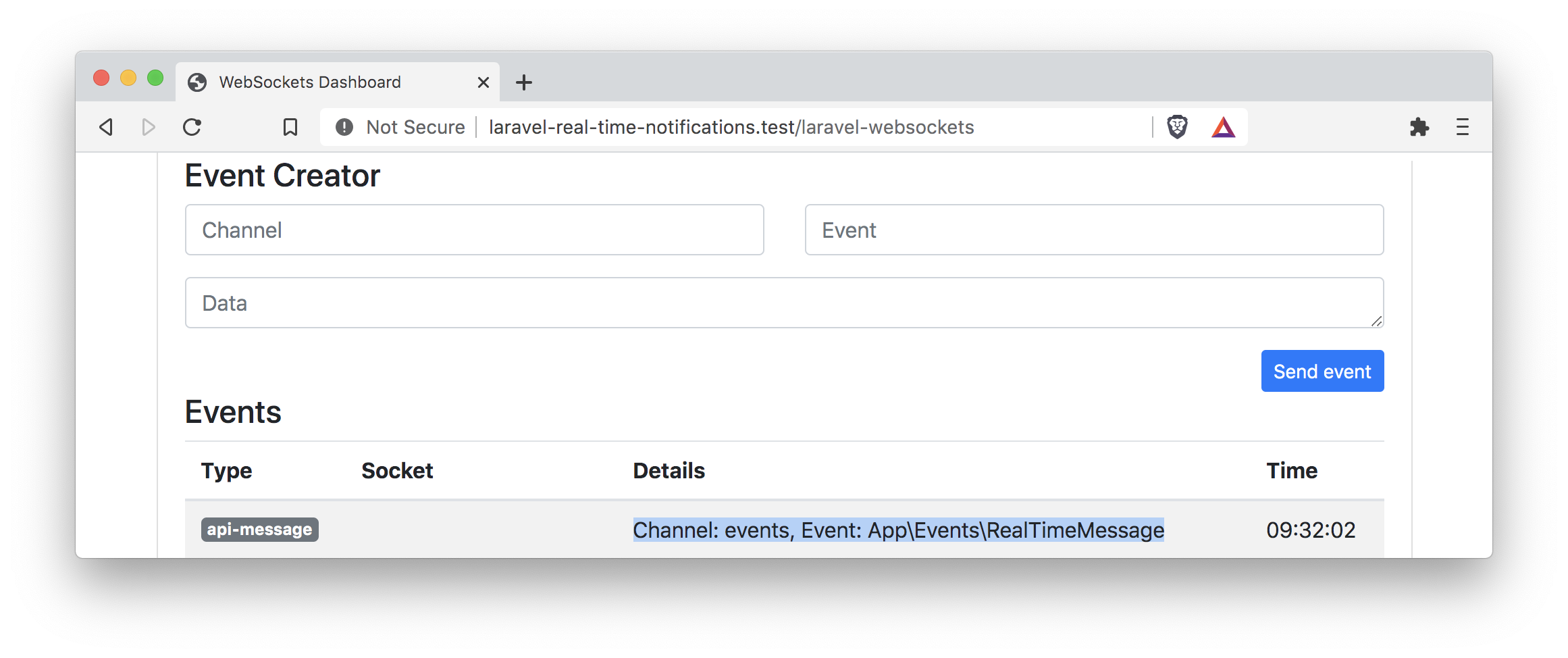 laravel real time websockets event sent