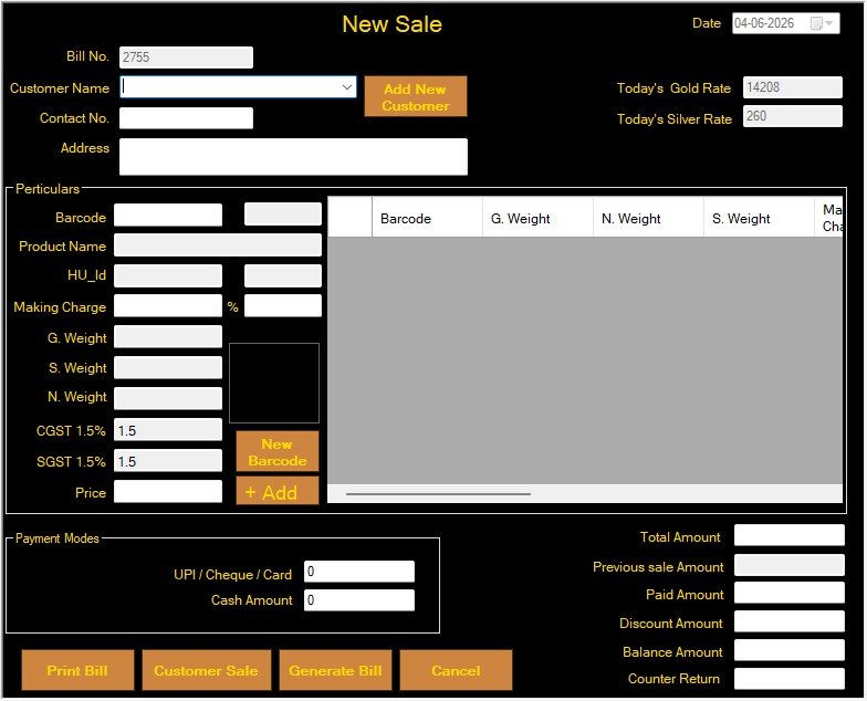 Our software New Sale management interface