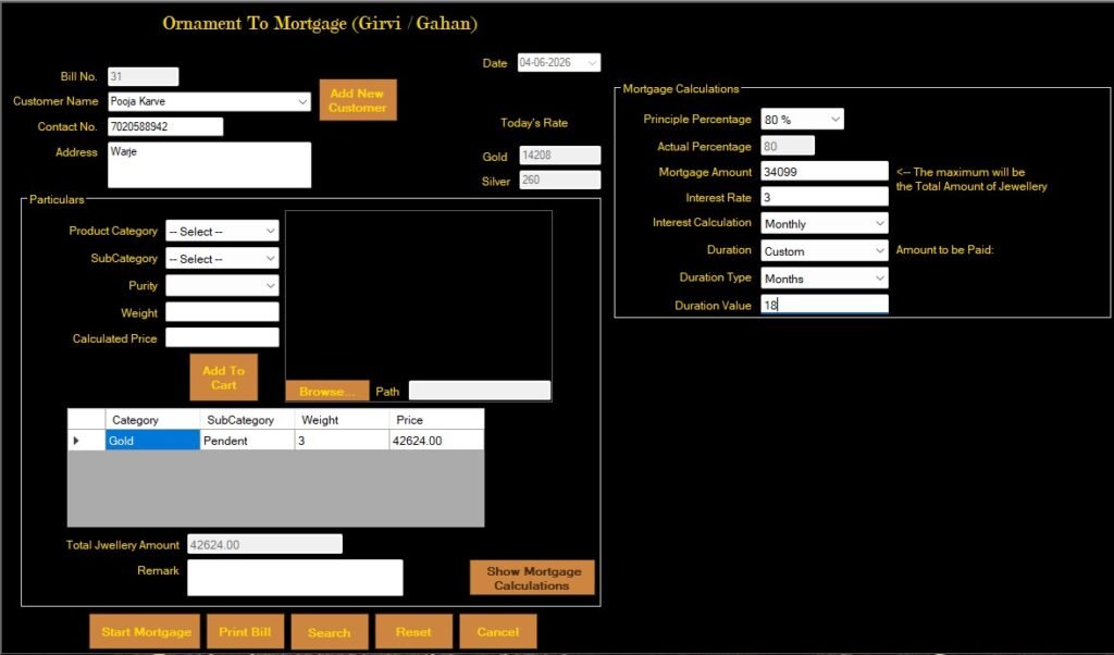 Our retail jewellery management software Mortgage/Girvi dashboard